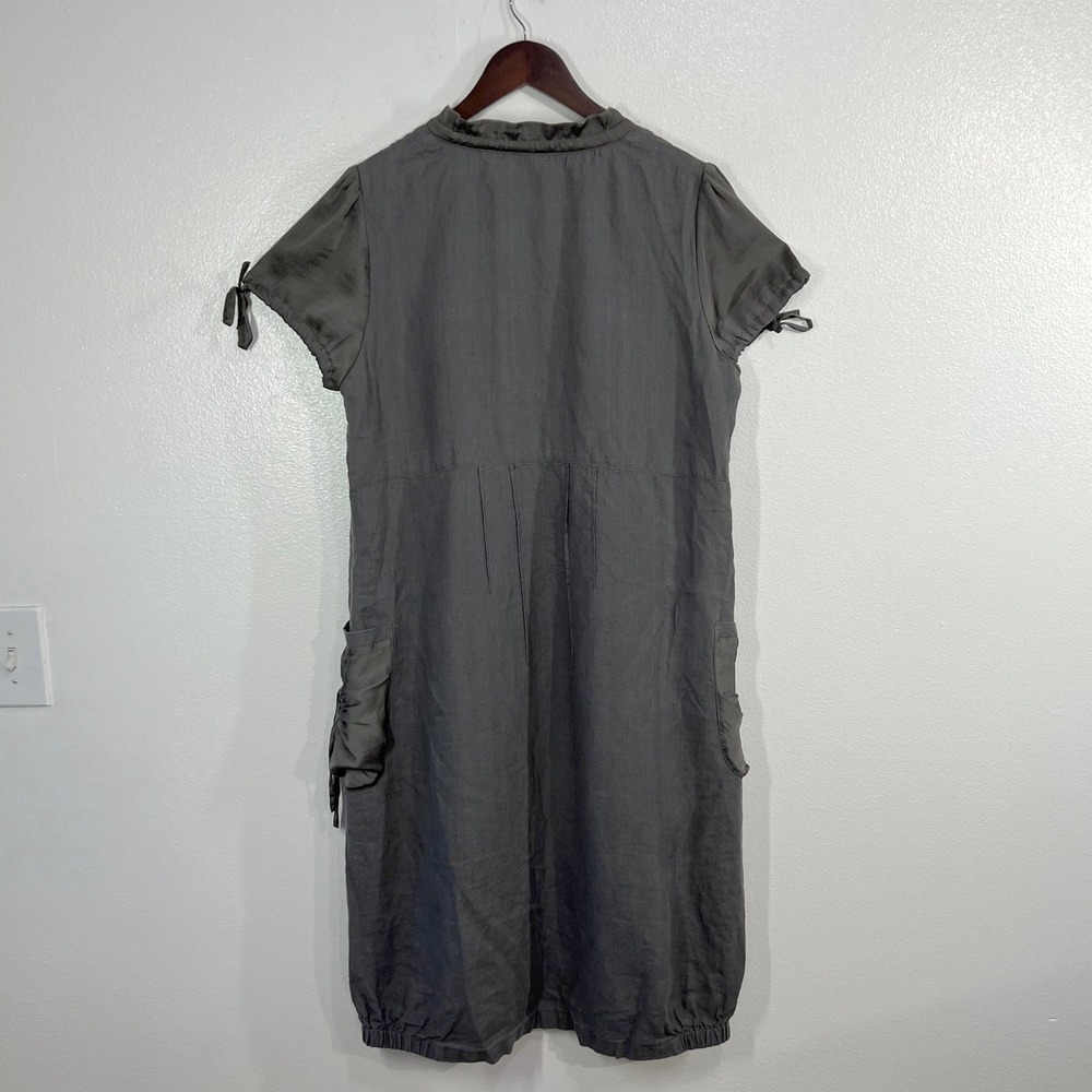 Kalinka Belarus 100% Linen  Dress Size L Gray Ruffle Neck Puff Sleeve Bubble Hem - Picture 3 of 11